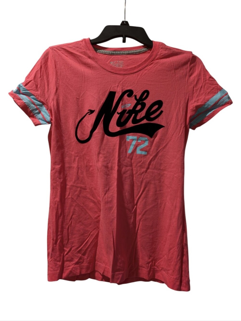 Nike Bright Coral Short-Sleeve Tee with Black Logo and Teal Stripe Accents